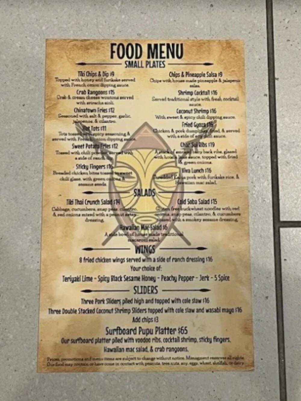 Golden Tiki Las Vegas Nevda Happy Hour / Small Plates Menu
